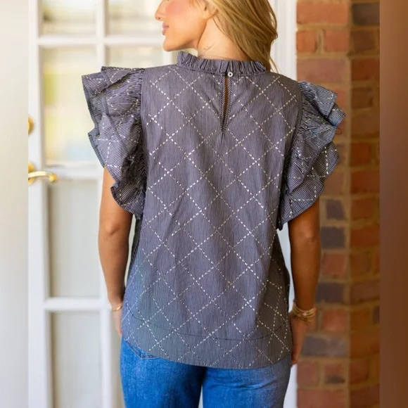 JODIFL Black / White Stripe Ruffled Sleeveless Blouse with sparkle design - Picture 4 of 16